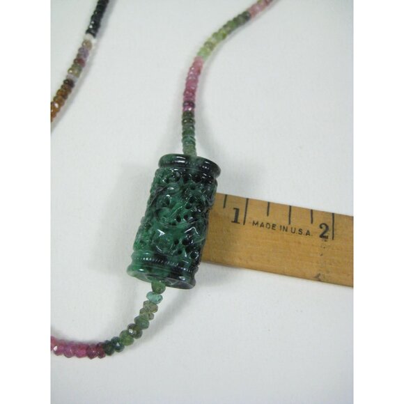 Tourmaline Faceted Bead Necklace Carved Jade Pendant Sterling Silver Clasp 18 In - Picture 4 of 13